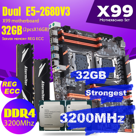 Atermiter Dual X99 carte mère avec 2011-3 XEON E5 2680 V3 * 2 avec 2 pièces X 16GB = 32GB DDR4 3200MHz Kit Combo mémoire ► Photo 1/6