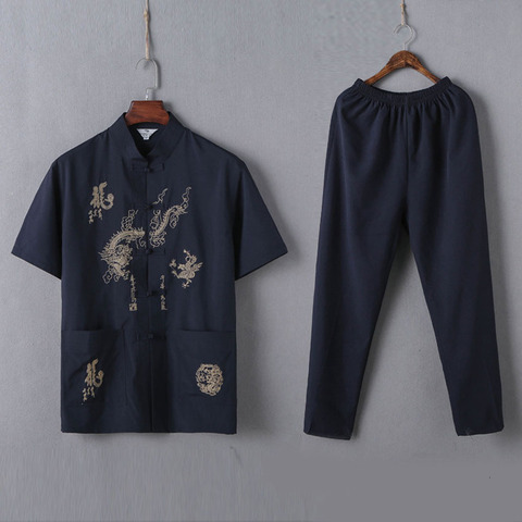 Ensemble de Costumes traditionnels chinois pour hommes, 2 pièces chemises + pantalon, respirant, en coton, broderie Dragon, costume Kung Fu Tang pour nouvel an ► Photo 1/6