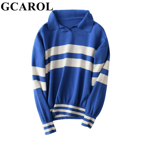 GCAROL automne hiver pull à rayures col rabattu 30% laine beau pull court en Jersey tricoté doux pour la peau ► Photo 1/6