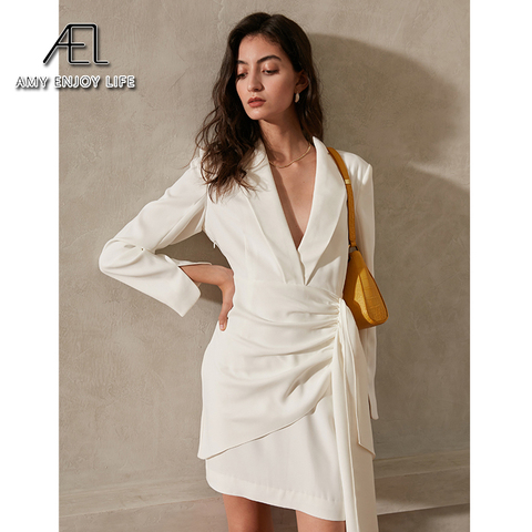 AEL – robe de soirée française pour femmes, tenue de printemps élégante, col châle, fente latérale, manches longues, Sexy, costume pour dames, blanc ► Photo 1/6