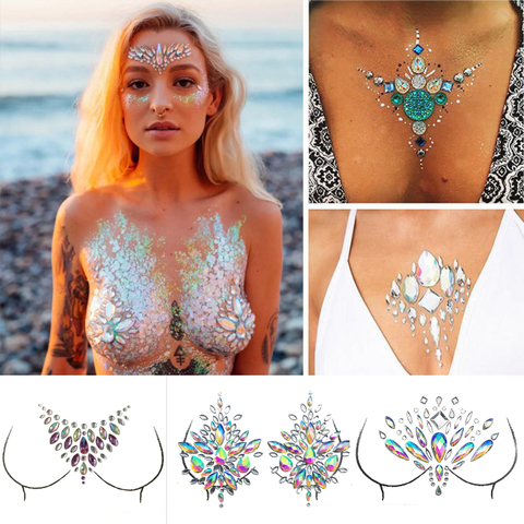 Faux tatouage temporaire pour femmes, autocollants pour la poitrine, bijoux en cristal, décoration du visage, strass acryliques, autocollants pour le visage ► Photo 1/6