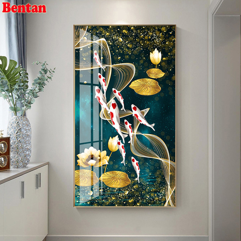 Tableau 3d mosaïque neuf poissons Koi Lotus | Peinture murale, Lotus, décoration salon maison, ensemble complet, broderie diamant rond ► Photo 1/6