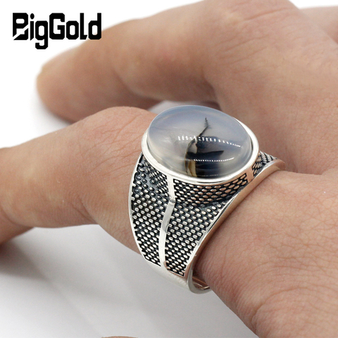 Bague en argent Sterling 925 pour hommes et femmes, avec grande pierre d'onyx naturel, rétro Punk thaïlandais, argent Aqeeq, bijoux turcs ► Photo 1/6