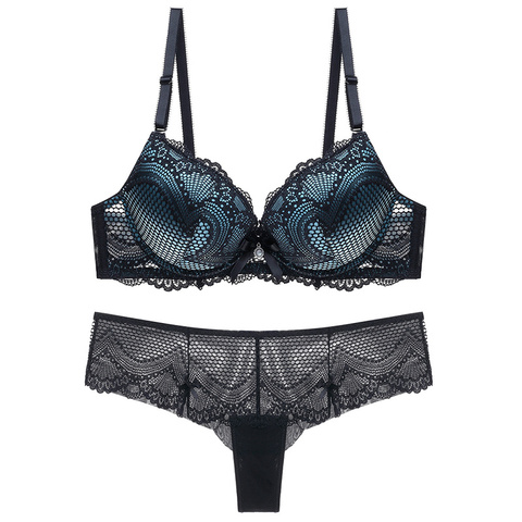 Ensemble de soutien-gorge à armatures Push Up pour femmes, Appliques, décoration à nœud, culotte tanga, Lingerie pour femmes ► Photo 1/6