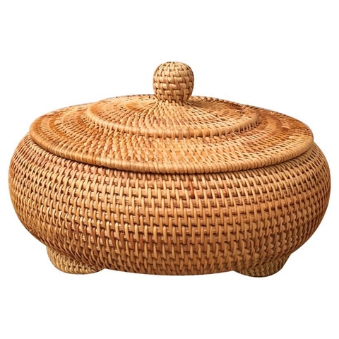 Panier de rangement en rotin tissé à la main avec couvercle rond couleur primaire bijoux chinois collations thé ensemble boîte de rangement 22x13cm ► Photo 1/6