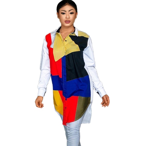 Patchwork contraste couleur à manches longues chemise robe femmes 2022 col rabattu bouton asymétrique chemise robe décontracté automne robe ► Photo 1/6