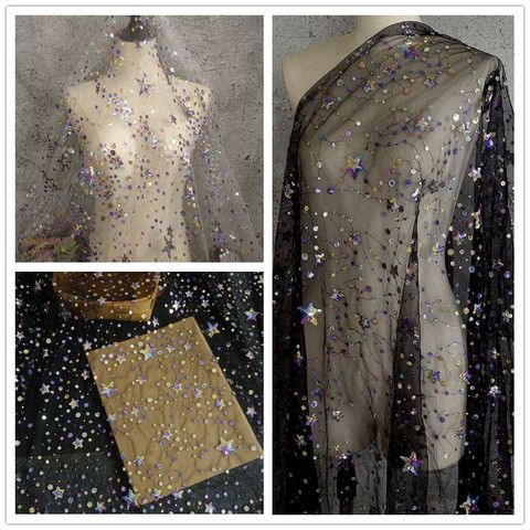 Paillettes colorées étoiles broderie maille dentelle tissu pour robe de soirée femmes jupe paillettes étoiles Tulle tissu mariée dentelle tissu ► Photo 1/6