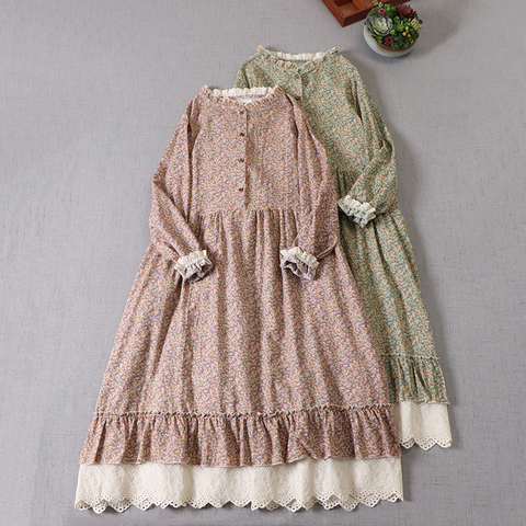 Robe à fleurs littéraire japonaise pour femmes, printemps, nouvelle robe imprimée à manches longues et col en dentelle, mori girl ► Photo 1/6