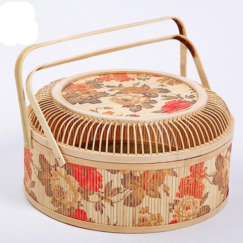 Fait à la main Vintage rond traditionnel panier en bambou pour la nourriture panier Chinois mallette de rangement avec poignée ► Photo 1/2
