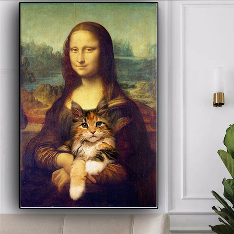 Toile d'art drôle Mona Lisa tenant un chat, peintures murales, affiches et imprimés d'art Da Vinci, images murales célèbres, décoration de la maison ► Photo 1/1