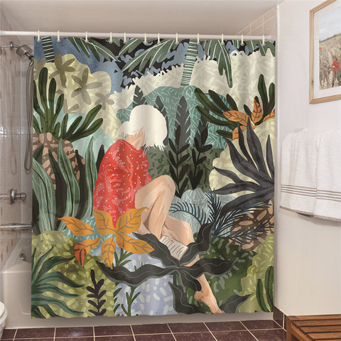 Vert feuillage ensemble de salle de bain avec rideaux de douche blanc cheveux femme Art imprimé rideau de douche imperméable Polyester écran de bain 180 ► Photo 1/6
