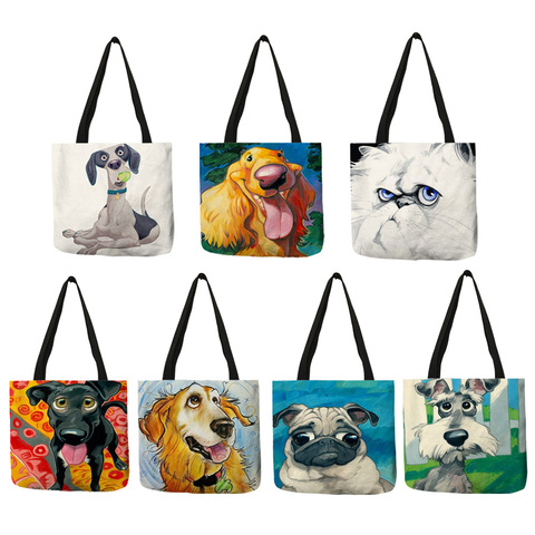 Personnalisé chien Art impression lin fourre-tout sac Schnauzer Golden Retriever femmes tissu sac à main Shopping Shopper sacs pour l'épicerie ► Photo 1/6