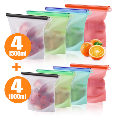 Sac de conservation des aliments en Silicone réutilisable 1000ml 1500ml, sac de conservation des aliments en Silicone de cuisine, sac de congélateur à fermeture éclair écologique, sacs frais ► Photo 1/6