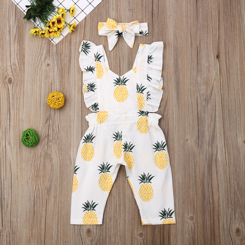 Vêtements pour bébés filles, combinaisons sans manches pour nouveau-nés, barboteuse à volants, imprimé ananas, bandeau, vêtements pour bébés, nouvelle collection ► Photo 1/6