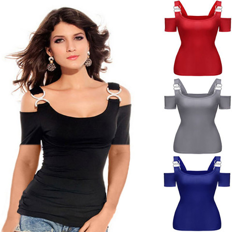 Femmes T-shirt solide épaules nues hauts métal boucle sangle été à manches courtes Sexy hauts femmes t-shirts solide T-shirt Ropa Mujer 2022 ► Photo 1/6