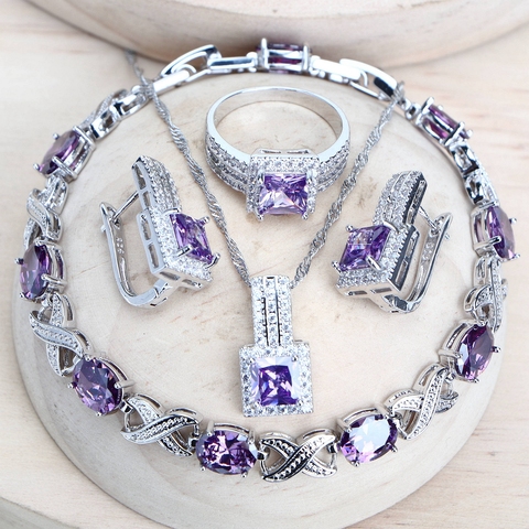 Violet zircone femmes ensembles de bijoux de mariée argent 925 Fine bijoux fantaisie boucles d'oreilles de mariage anneaux Bracelets pendentif collier ► Photo 1/6