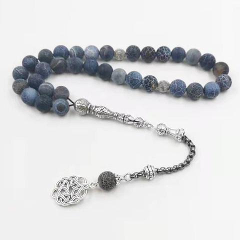 Tasbih-pompon en pierres d'agates naturelles bleues en métal 33 66 99 perles de prière, chapelet musulman à la mode islamique ► Photo 1/6