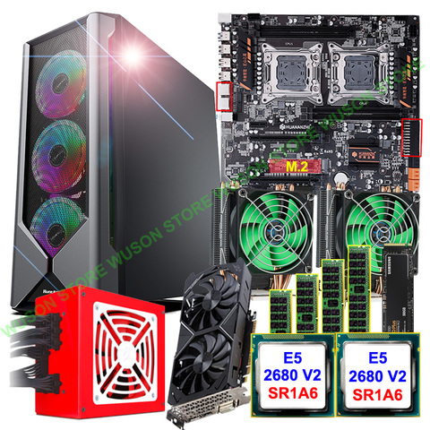 Huanzhi-carte mère X79-4D, boîtier E-ATX PC, double processeur E5 800 V2 avec refroidisseurs, carte vidéo 4x16 go, boîtier 2680 W, carte vidéo GTX1050TI ► Photo 1/6