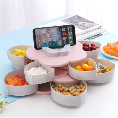 Boîte à fruits rotative en forme de pétale, boîte de stockage de fruits secs multifonctionnelle à une et deux couches avec support pour téléphone portable ► Photo 1/6
