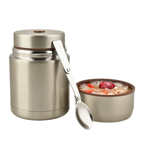 Pot à aliments en acier inoxydable de 800ml, contenant de soupe avec cuillère pliable, Double paroi, Thermos isolé sous vide pour les étudiants et travailleurs de bureau ► Photo 1/6