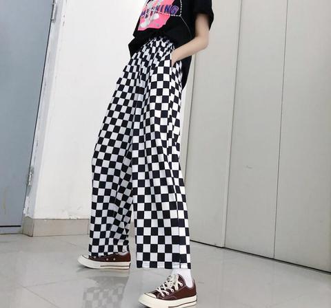 Pantalon à larges jambes pour hommes et femmes, printemps et été coréen Harajuku BF wind streetwear, rétro, noir, blanc, en damier, printemps et été, collection décontracté ► Photo 1/6