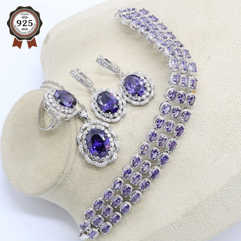 Ensemble de bijoux naturels couleur argent violet pour femmes, Bracelet, boucles d'oreilles, collier, pendentif, bague, boîte cadeau ► Photo 1/6