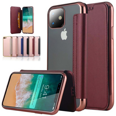 Étui à rabat de livre mince de galvanoplastie de mode pour l'iphone X 10 XR XS Max 6 6S 7 8 8 plus 11 Pro 12 Mini fentes de carte tiennent la couverture claire ► Photo 1/6