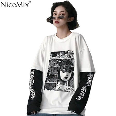 NiceMix Harajuku T-shirt femmes faux 2 pièces imprimer japonais Fujiang horreur Comics manches longues chemise femmes Vetement Femme 2022 ► Photo 1/6