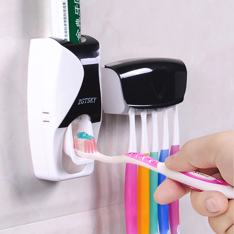 Distributeur automatique de dentifrice, à montage mural, anti-poussière porte-brosse à dents, support de rangement mural, ensemble d'accessoires de salle de bains avec presse ► Photo 1/5