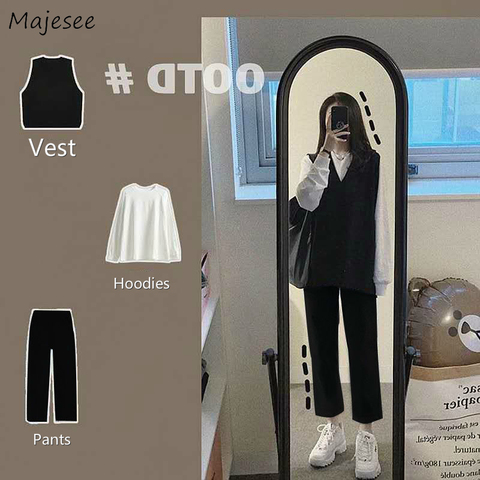 Ensemble pour femmes, gilet noir, Style Preppy, ample, pantalon décontracté, Simple, Harjuku, blanc, sweat à capuche, quotidien coréen, tendance, Ulzzang ► Photo 1/6