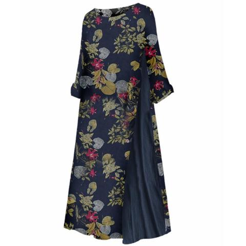 Robe longue à fleurs, grande taille, manches 3/4, col rond, imprimé feuilles, coutures, fête, ample, Maxi ► Photo 1/6