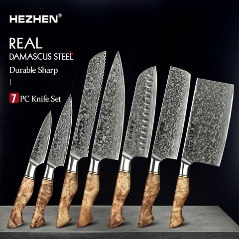 HEZHEN 1-7PC ensemble de couteaux de cuisine professionnel damas acier Chef pain Paring Santoku Sharp Nakiri couteau de cuisine couteau de cuisine ► Photo 1/6