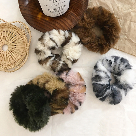 Anneau de cheveux élastique en fausse fourrure pour filles, Scrunchie pelucheux, imprimé léopard, corde, cravate ronde, nouvelle collection ► Photo 1/6