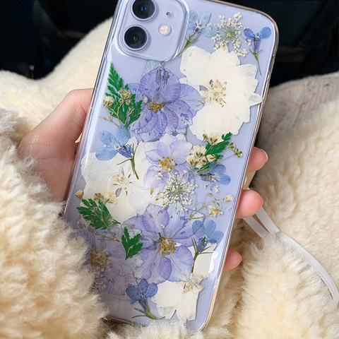 Réel Séché Fleur Pressée Pour iPhone 12 11 Pro Max X XS Max XR 6 S 7 8 Plus Silicone À La Main Floral Housse Coque ► Photo 1/6