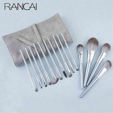 RANCAI 14 pièces pinceaux de maquillage professionnel ensemble brochas maquillaje Blush éponge brosse fibre cheveux outils cosmétiques avec sac en cuir ► Photo 1/6