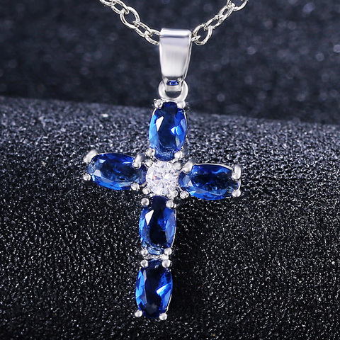 Huitan mode ovale bleu pierre croix pendentif délicat femmes collier vêtements quotidiens anniversaire noël cadeau haute qualité bijoux ► Photo 1/6