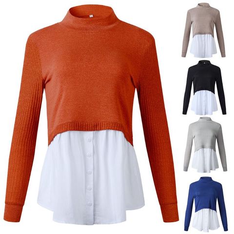 Pull côtelé à manches longues pour femmes, 2 en 1, Patchwork, tricot, boutonné, chemise superposée, ourlet ► Photo 1/6