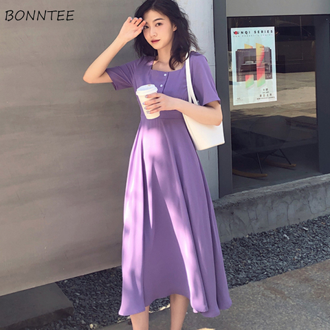 Robe en mousseline de soie plissée rétro, mi-longue, taille haute, slim, col carré, vêtement de loisirs pour l'été, violet doux, populaire, minimaliste ► Photo 1/6