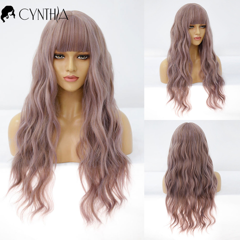 Longue Ombre violet ondulé quotidien perruques synthétiques pour les femmes avec frange résistant à la chaleur fibre naturelle bouclés Cosplay fête faux cheveux perruque ► Photo 1/6