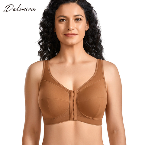 DELIMIRA femmes grande taille sans fil pleine Figure Posture coton soutien-gorge fermeture devant dos soutien Non rembourré ► Photo 1/6