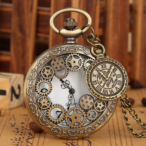 Vintage Antique cuivre Steampunk Bronze engrenage creux Quartz montre de poche collier pendentif horloge chaîne hommes femmes avec accessoire ► Photo 1/6