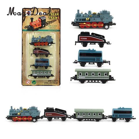 Mini Train à vapeur bleu, 1 Locomotive et 3 wagons, jouet amusant à collectionner pour enfants en bas âge, 4 pièces ► Photo 1/6