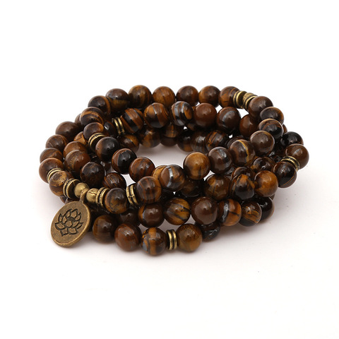 Bracelet ou collier Chakra en pierres d'oeil de tigre pour hommes et femmes, 8mm, perles en œil de tigre, breloque Chakra, Yoga, Lotus OM bouddha 108 ► Photo 1/4