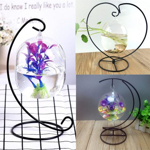 Réservoir de poissons en verre suspendu | De bureau de 4 tailles, Mini herbe réservoir de poissons amusant bol de poisson transparent, support en fer, accessoires d'aquarium ► Photo 1/1