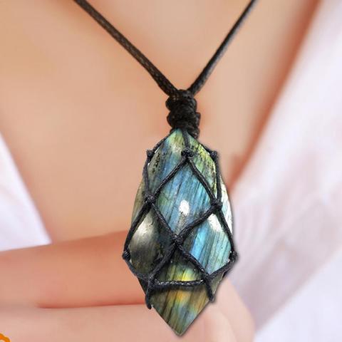 Collier en forme de cœur Labradorite, bijou en pierre naturelle, enveloppe tressée, collier de Yoga en macramé, ornement énergétique ► Photo 1/6