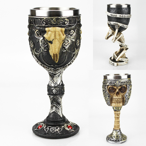 Gobelet à vin gothique en 3D | Squelette de Pirate Viking, engrenage esclave crâne métal et résine verre à vin, cadeaux d'halloween Bar verres ► Photo 1/6