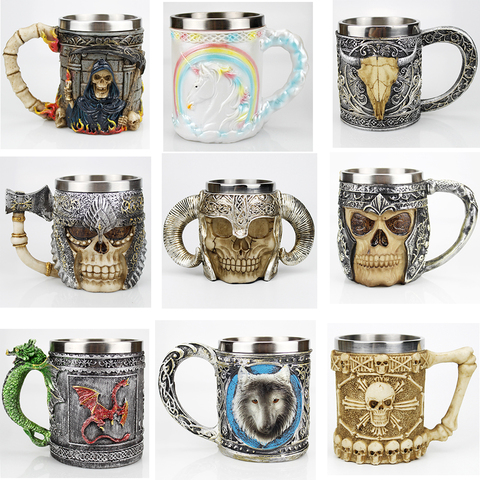 Tasse tête de mort Viking en acier inoxydable | Chevalier loup à motif gothique, bière à café, tasses cadeau d'halloween de noël, 500ml ► Photo 1/6