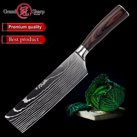 Nakiri couteau en acier inoxydable, damas motif Laser, couperet de cuisine japonais légumes outils de cuisine, cadeau carte de crédit couteau PRO ► Photo 1/6