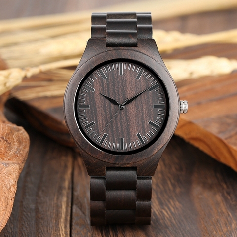 Montres rétro en bois ébène pour hommes, horloge légère décontractée, bracelet entièrement naturel, à Quartz ► Photo 1/6