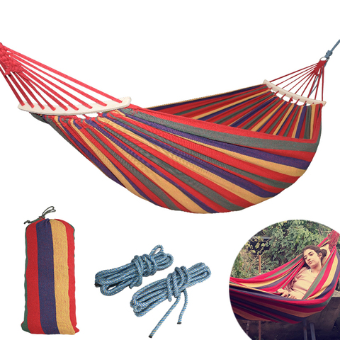 Hamac de Camping en toile, idéal pour 2 personnes, lit-balançoire d'extérieur, bâton en bois, chaise-balançoire pour le jardin, bleu ou rouge, 250x150cm ► Photo 1/1